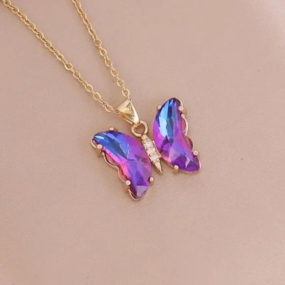 3/$35 Purple Butterfly Pendant Necklace Iridescent Crystal Gold Chain Jewelry - Picture 1 of 7